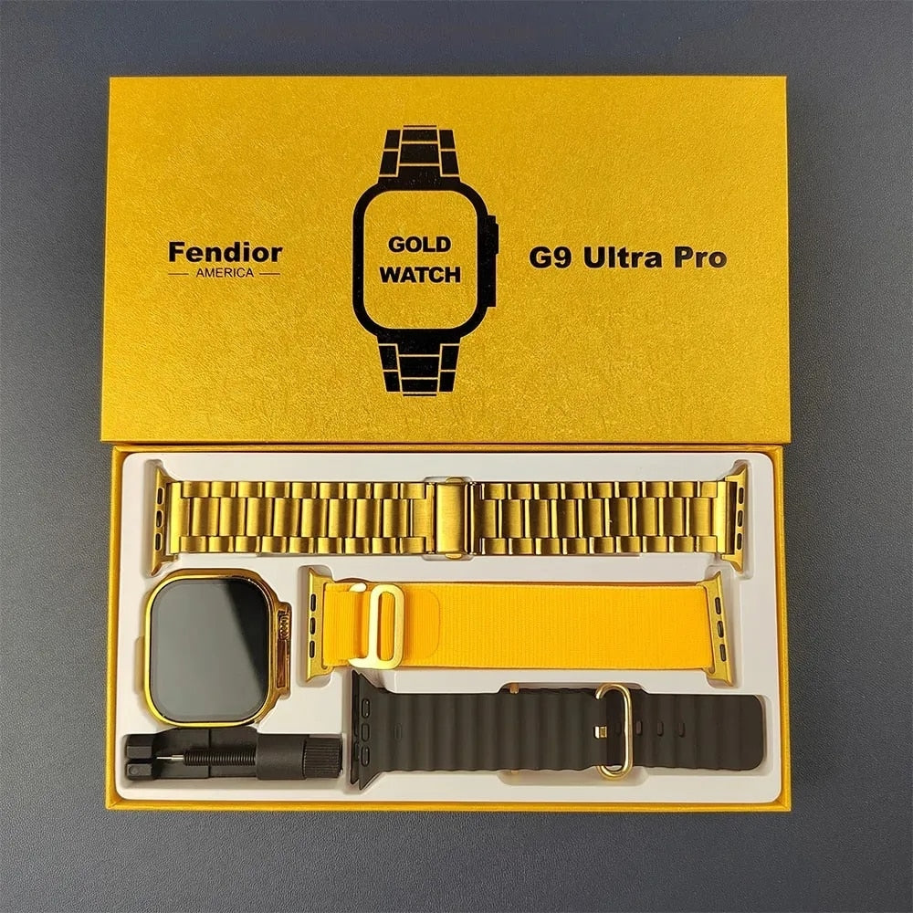 ساعة ذكية أصلية G9 Ultra Pro Gold Series 9 NFC Bluetooth Call Stainless Steel Wireless Charge 3 Strap للرجال والنساء