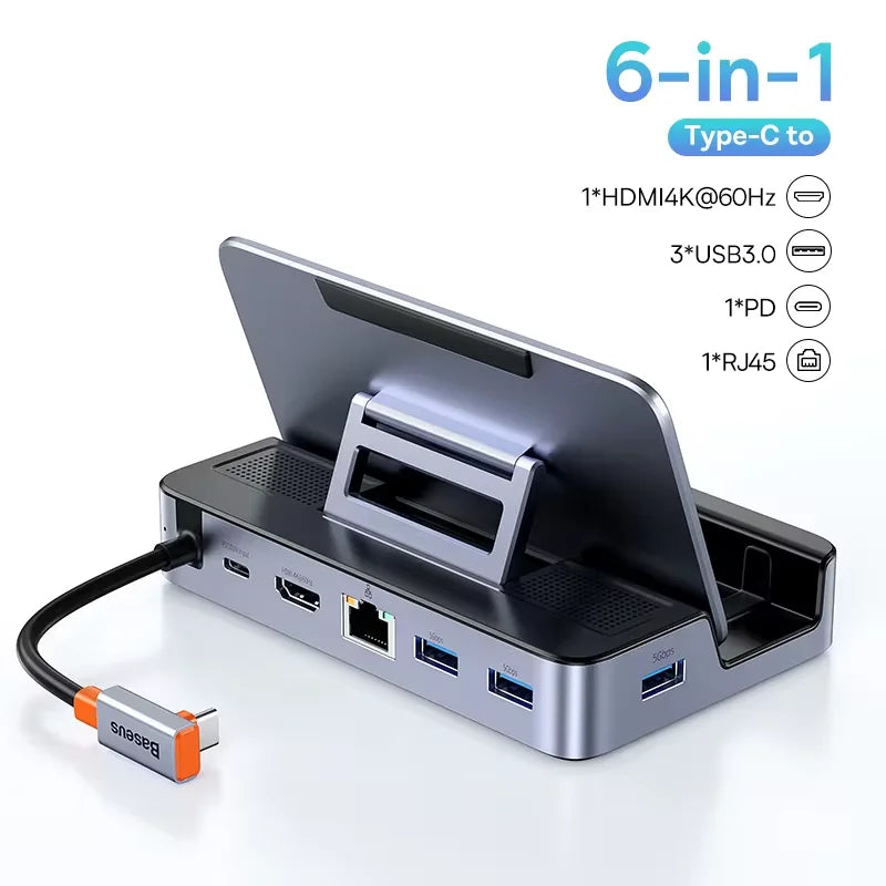 قاعدة توصيل Baseus USB C لجهاز Steam Deck Nintend Switch من النوع C إلى HDMI متوافقة مع 4K@60Hz RJ45 PD 100W Type C USB 3.0 Hub