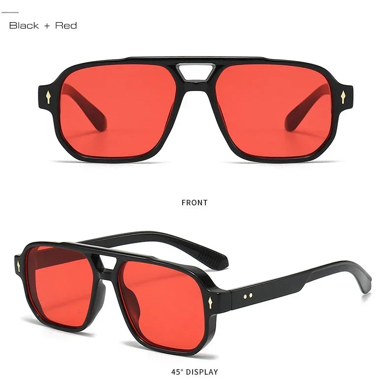 JNPCXI Vintage Double Bridges Men Square Sunglasses Fashion Green Ocean Lens UV400 Eyewear Women Trending Rivets Sun Glasses