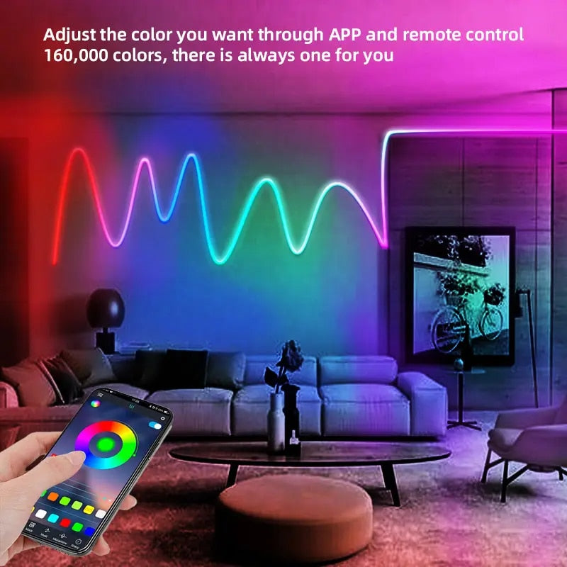 شريط إضاءة LED نيون RGBIC 12 فولت مع مزامنة الموسيقى وتطبيق Tuya الذكي 16 مليون لون DIY يعمل مع Alexa ومساعد Google
