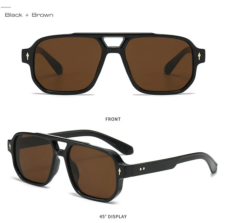 JNPCXI Vintage Double Bridges Men Square Sunglasses Fashion Green Ocean Lens UV400 Eyewear Women Trending Rivets Sun Glasses