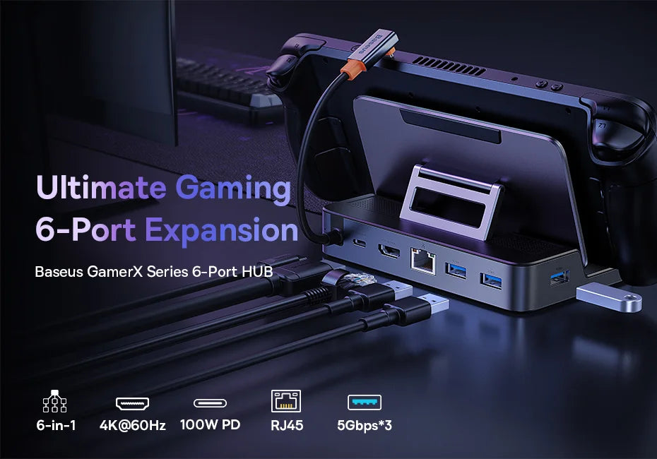 قاعدة توصيل Baseus USB C لجهاز Steam Deck Nintend Switch من النوع C إلى HDMI متوافقة مع 4K@60Hz RJ45 PD 100W Type C USB 3.0 Hub