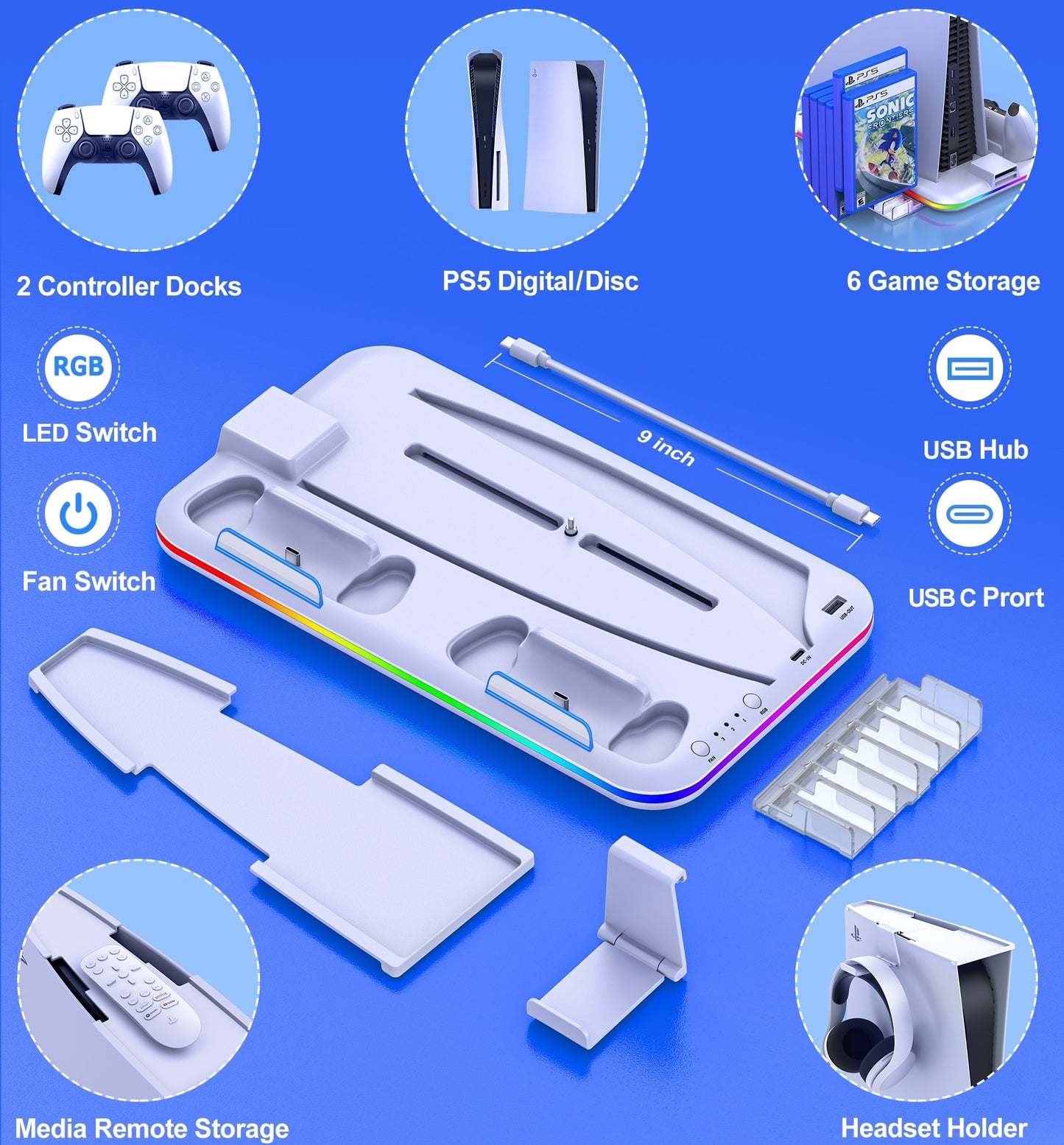 قاعدة شحن مزدوجة لوحدة التحكم RGB لجهاز Sony Playstation 5 مع إضاءة LED رقمية باردة لمحطة تبريد PS5 العمودية