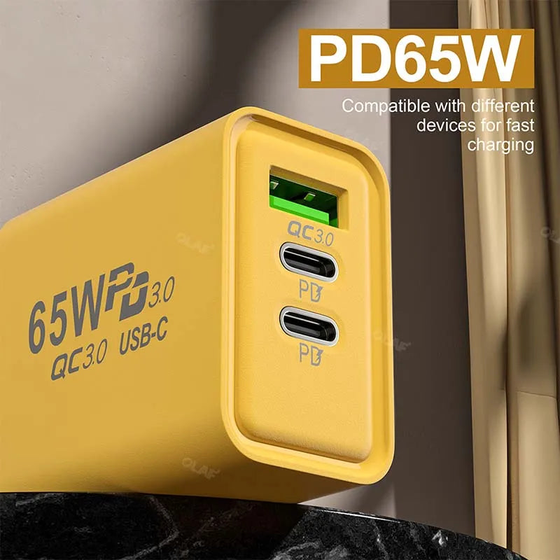 شاحن PD 65 وات USB C سريع الشحن 3.0 محول شاحن من النوع C لهاتف iPhone 14 13 12 Xiaomi Samsung شاحن حائط USB C
