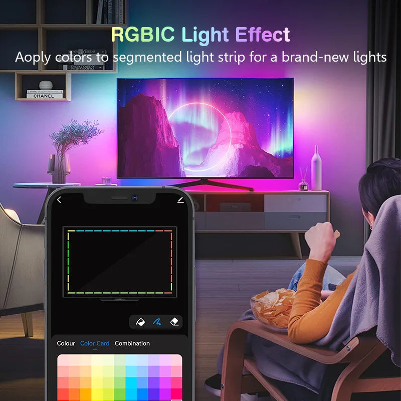 شريط إضاءة LED RGBIC مع كاميرا وشاشة تلفزيون ومزامنة الموسيقى وتطبيق WiFi ومزامنة الألعاب وخلفية التلفزيون وغرفة النوم والإضاءة المحيطة