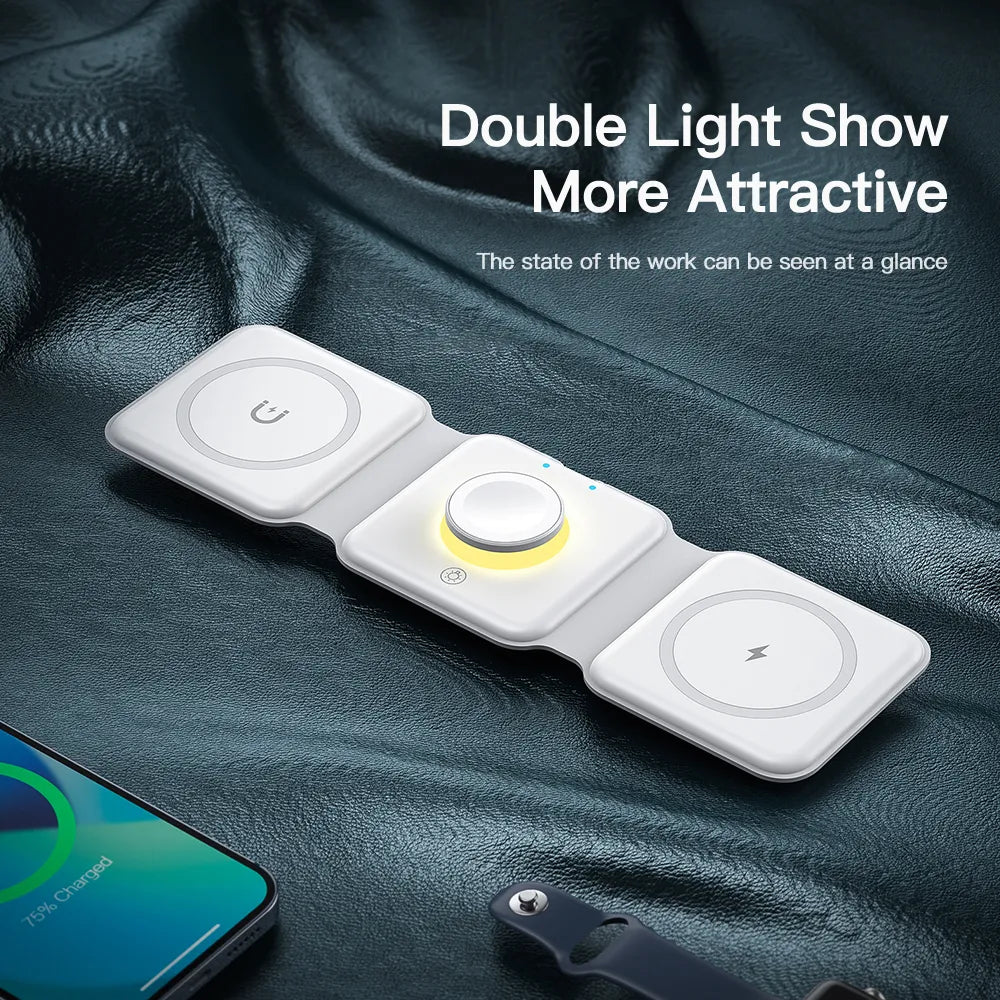 حامل شاحن لاسلكي 3 في 1 مغناطيسي 15 وات من Essager قابل للطي لهاتف iPhone 14 13 12/Airpod/iWatch 7 6 مع شحن سريع