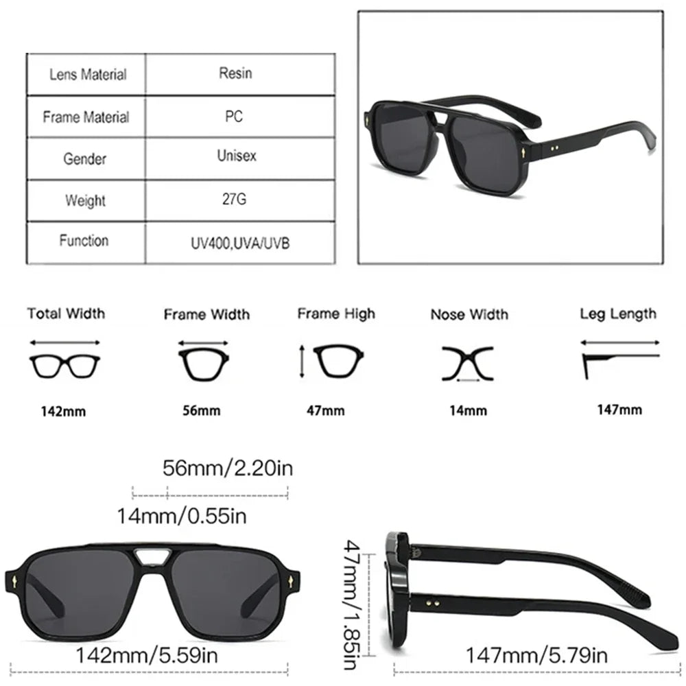JNPCXI Vintage Double Bridges Men Square Sunglasses Fashion Green Ocean Lens UV400 Eyewear Women Trending Rivets Sun Glasses