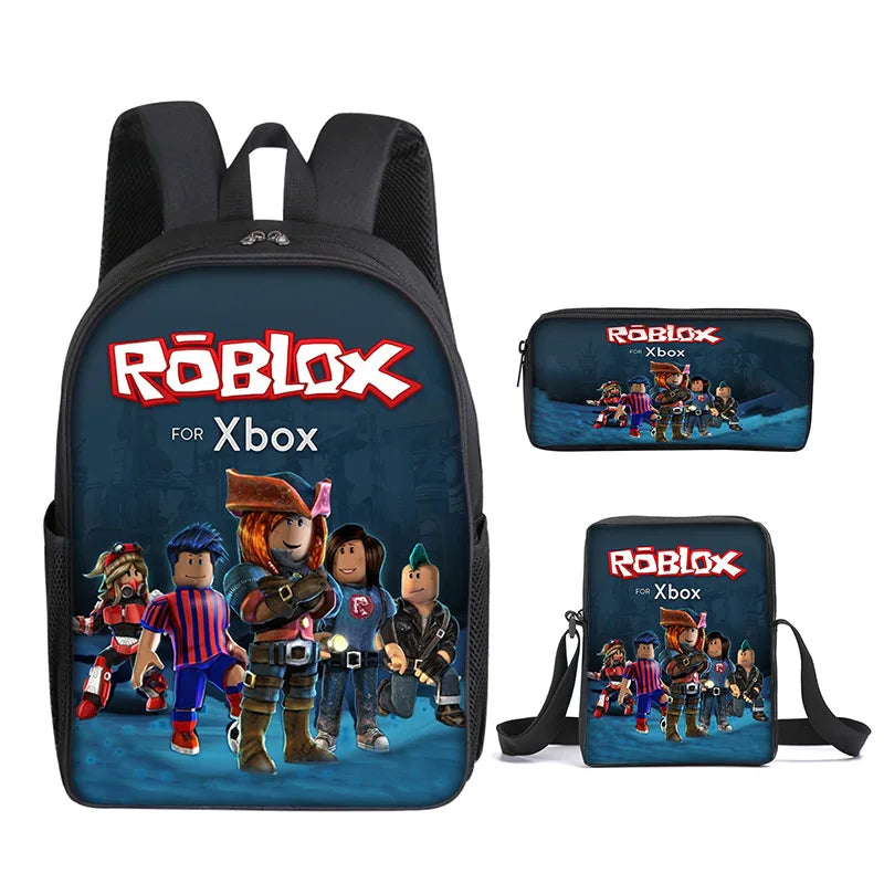 مجموعة من ثلاث قطع من حقيبة مدرسية ثلاثية الأبعاد مطبوعة من لعبة Roblox تحيط بطلاب المدارس الابتدائية والثانوية وحقيبة ظهر وحقيبة قلم