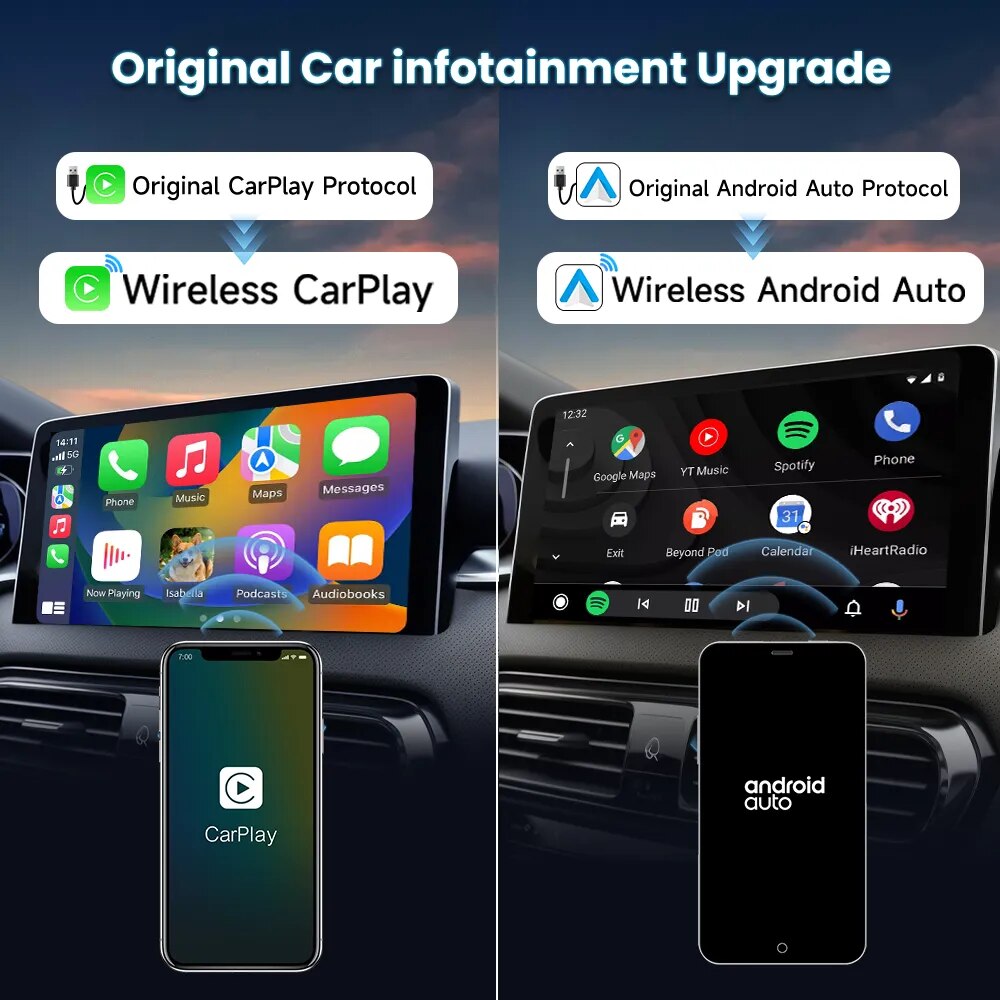 محول لاسلكي CarlinKit 5.0 CarPlay Android Auto محمول لراديو السيارة OEM مع CarPlay/Android Auto السلكي