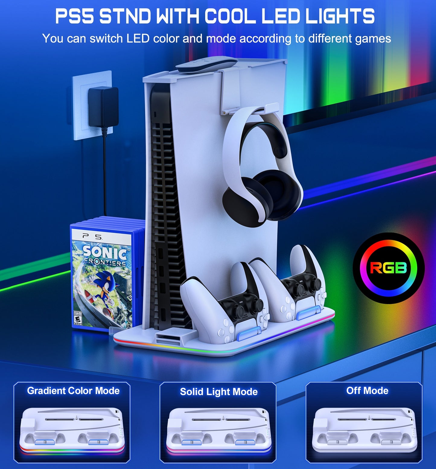 قاعدة شحن مزدوجة لوحدة التحكم RGB لجهاز Sony Playstation 5 مع إضاءة LED رقمية باردة لمحطة تبريد PS5 العمودية