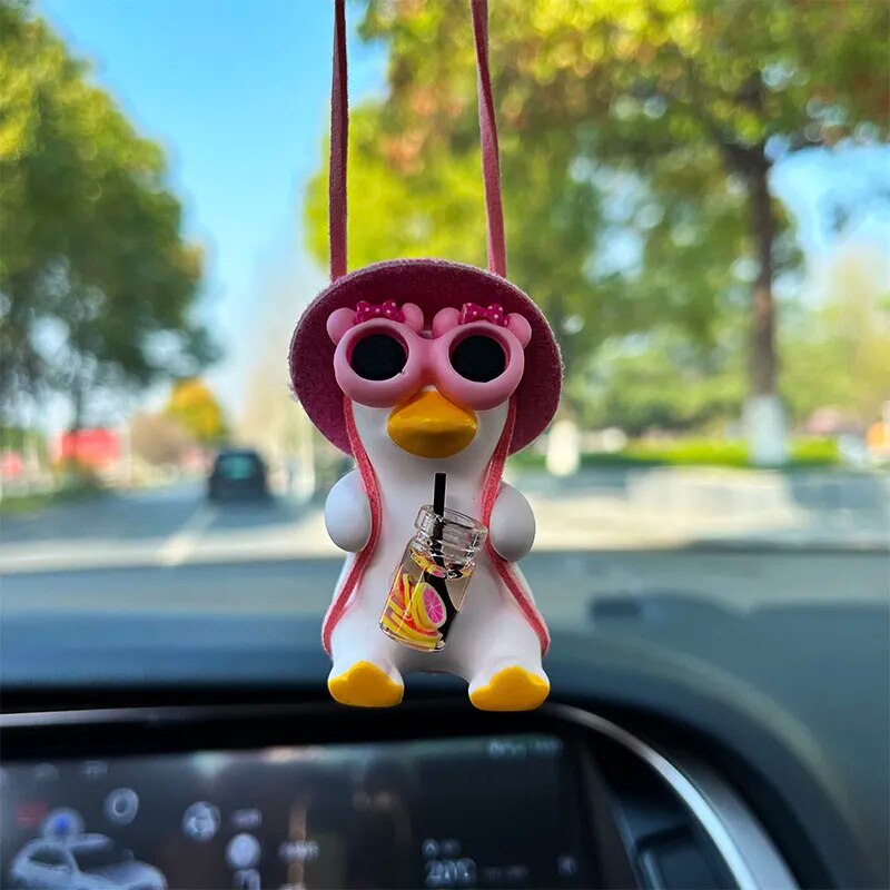 Anime Pink Swing Duck Car Decoration Pendant Cute Auto Rearview Mirror Hanging Ornament For Women Car Ineriror Accessories