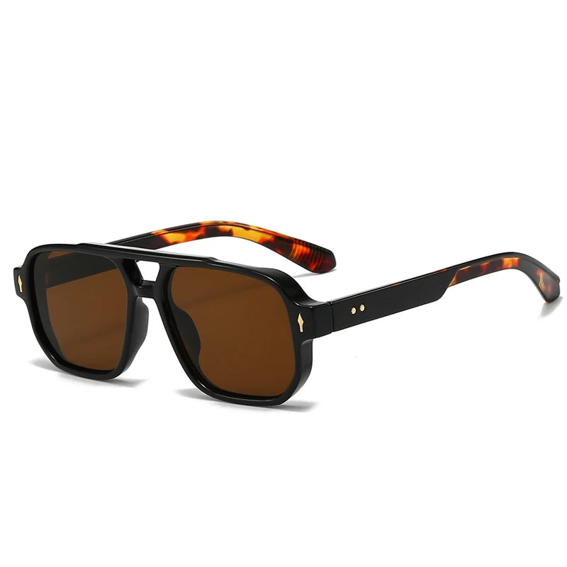 JNPCXI Vintage Double Bridges Men Square Sunglasses Fashion Green Ocean Lens UV400 Eyewear Women Trending Rivets Sun Glasses