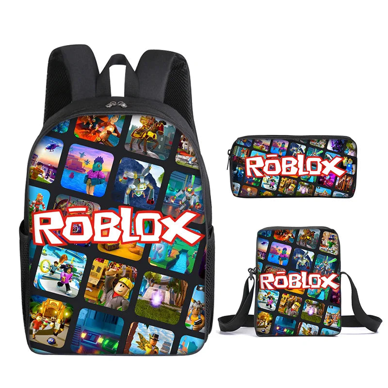 مجموعة من ثلاث قطع من حقيبة مدرسية ثلاثية الأبعاد مطبوعة من لعبة Roblox تحيط بطلاب المدارس الابتدائية والثانوية وحقيبة ظهر وحقيبة قلم