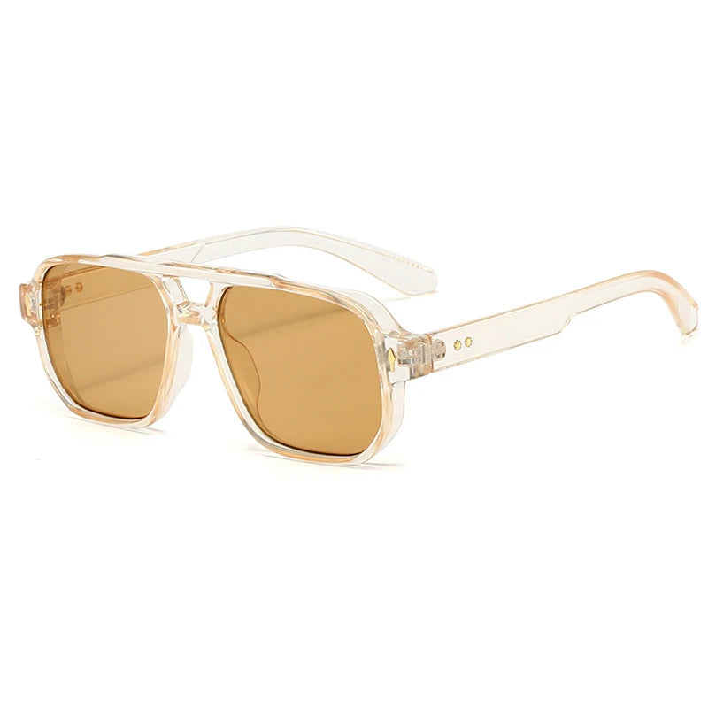 JNPCXI Vintage Double Bridges Men Square Sunglasses Fashion Green Ocean Lens UV400 Eyewear Women Trending Rivets Sun Glasses