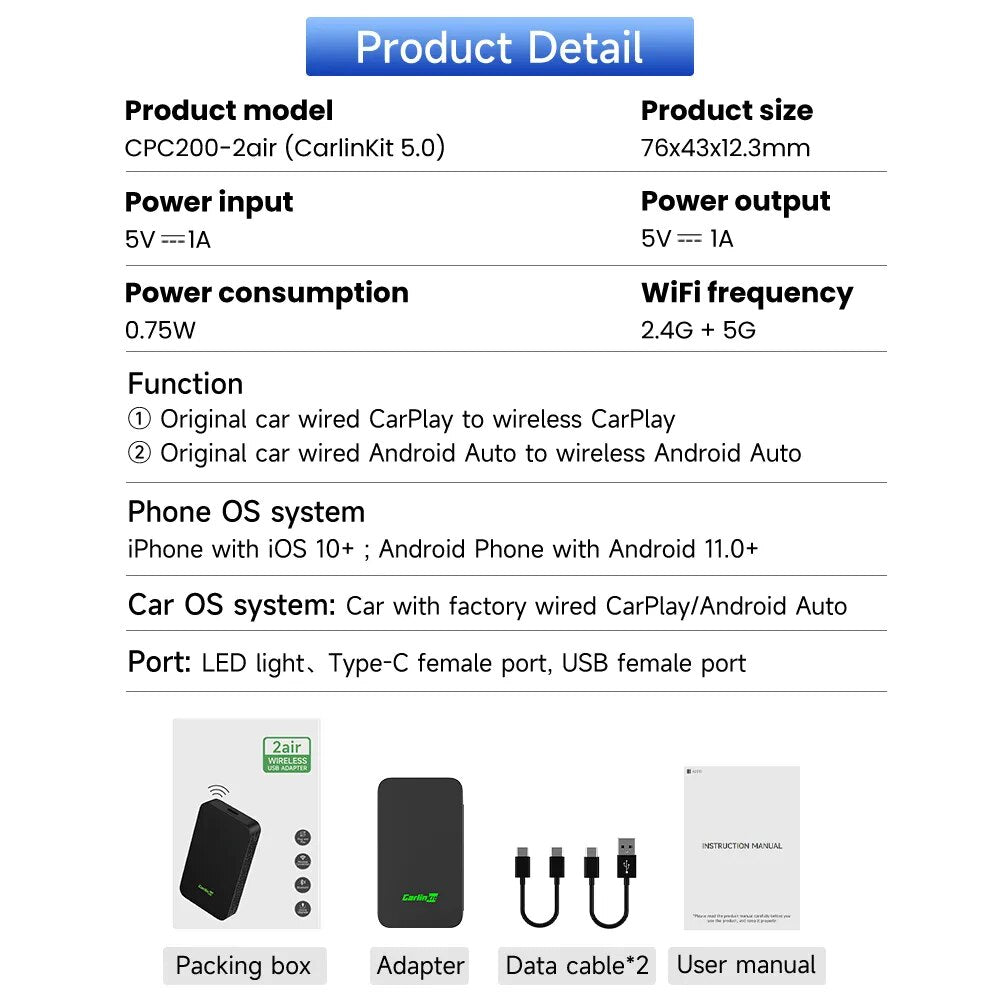 محول لاسلكي CarlinKit 5.0 CarPlay Android Auto محمول لراديو السيارة OEM مع CarPlay/Android Auto السلكي