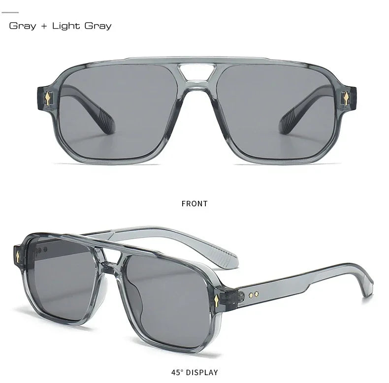 JNPCXI Vintage Double Bridges Men Square Sunglasses Fashion Green Ocean Lens UV400 Eyewear Women Trending Rivets Sun Glasses