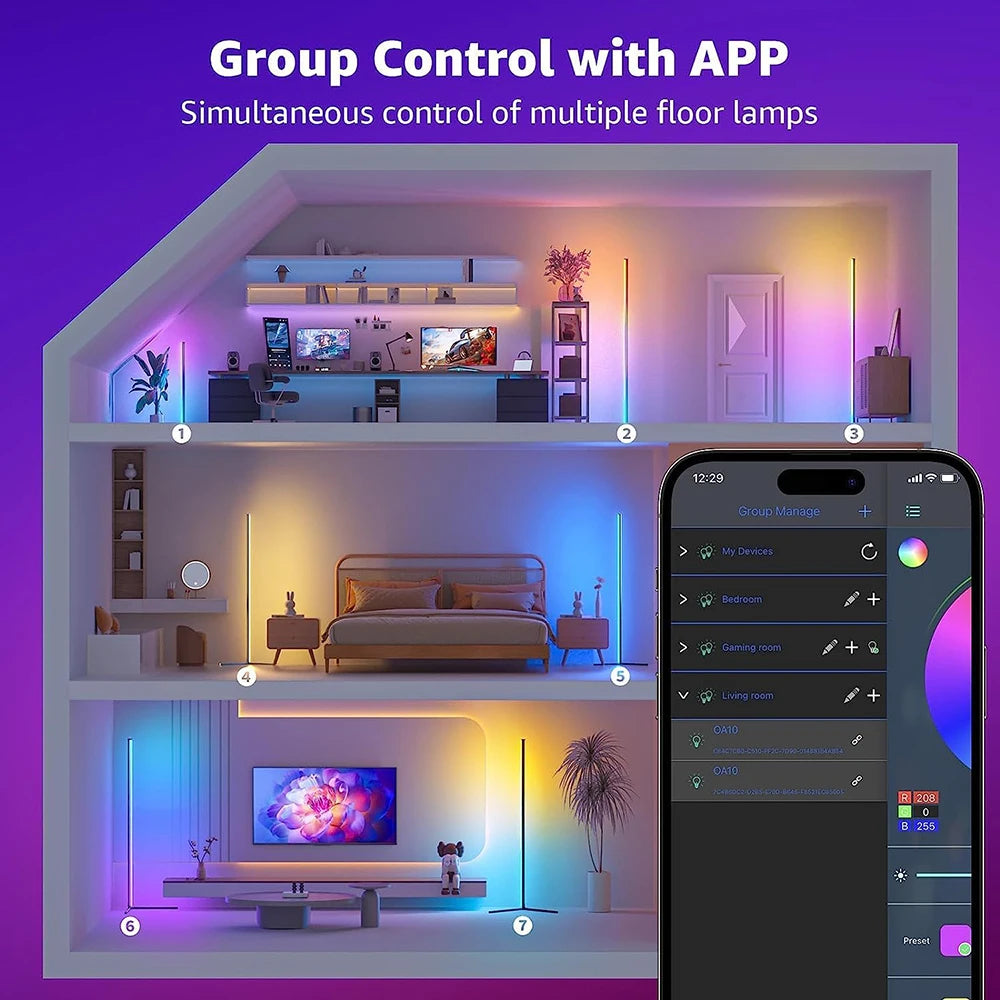 مصباح أرضي ذكي LED قابل للتعتيم 140 سم RGB لغرفة المعيشة مع خاصية WIFI وإضاءة ديكور منزلي فنية وإضاءة قائمة بذاتها