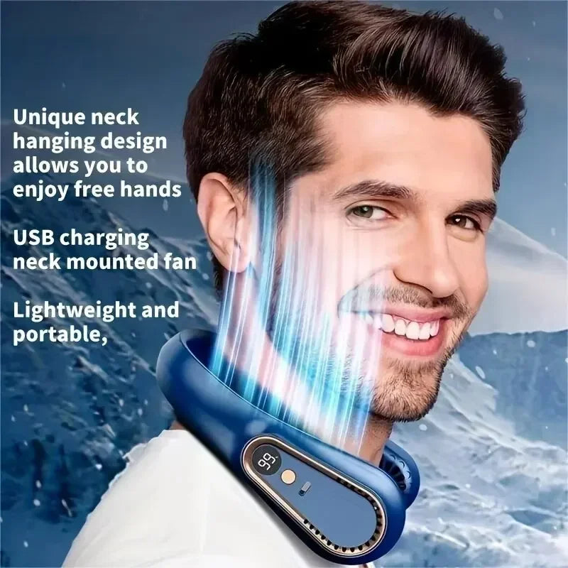 مروحة بدون شفرات للرقبة، مروحة صامتة محمولة طويلة العمر، شحن USB، مروحة رياضية للطلاب والمكتب، شاشة رقمية، طاقة 5 سرعات