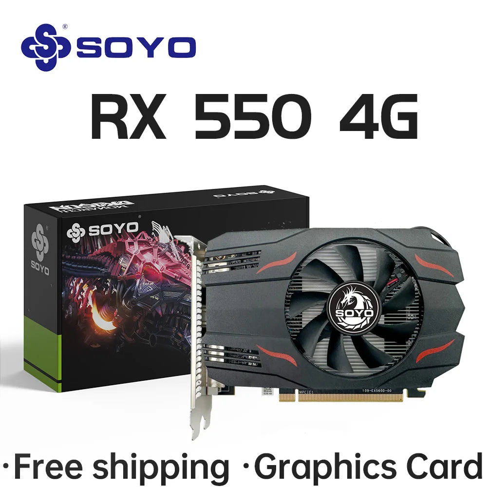 بطاقة رسومات SOYO AMD Radeon RX550 4GB GPU GDDR5 14nm لألعاب الكمبيوتر المكتبي ومقاطع الفيديو والمكتب وبطاقة رسومات 128 بت ومكونات الكمبيوتر HDMI RX 550
