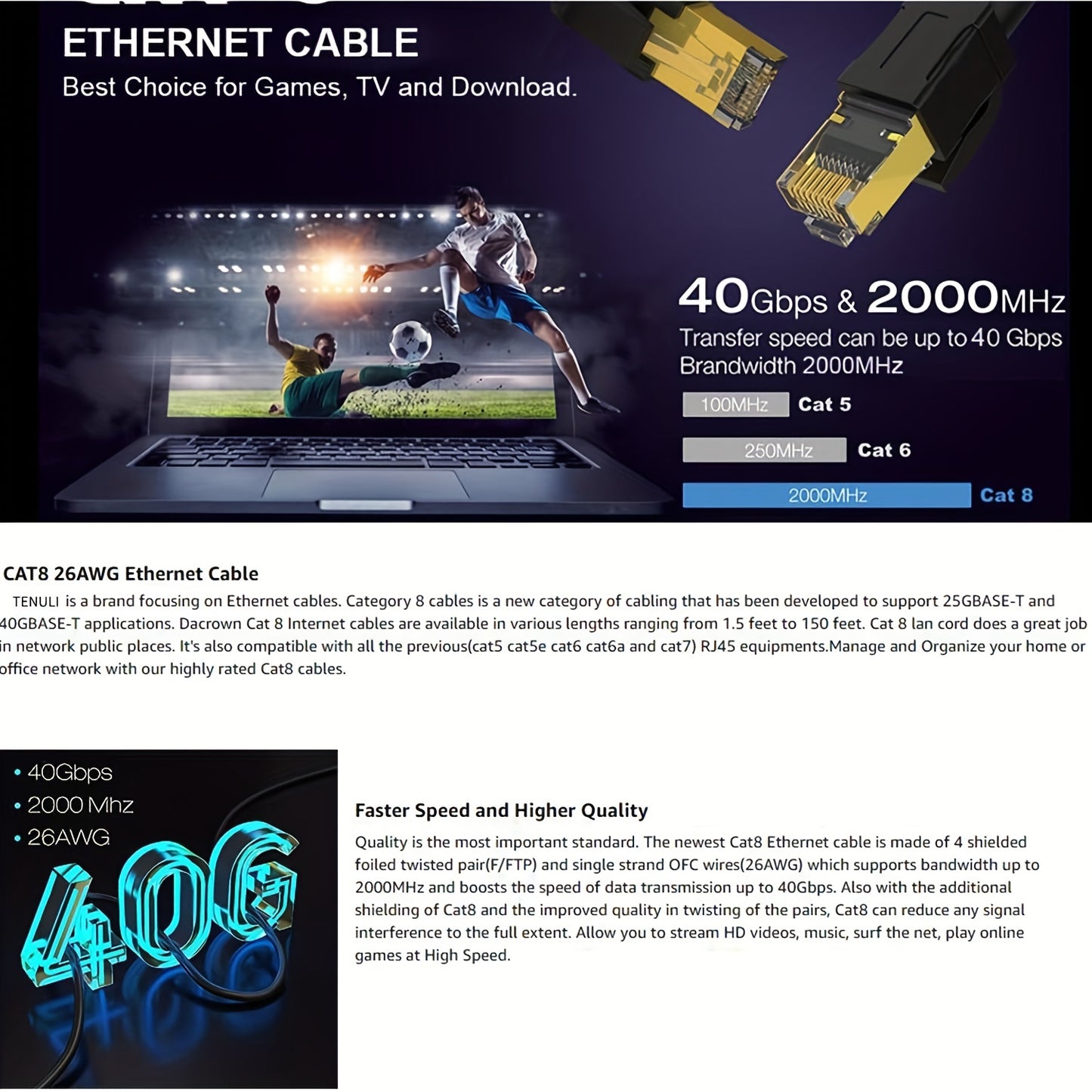 كابل إيثرنت Cat 8 بطول 182.88 سم محمي للاستخدام الداخلي والخارجي عالي السرعة، دفن مباشر 26AWG Cat8 سلك شبكة LAN، سلك توصيل SFTP بسرعة 40 جيجابت في الثانية و2000 ميجاهرتز، كابل RJ45 مثبت في الحائط لجهاز التوجيه/المودم/Xbox.