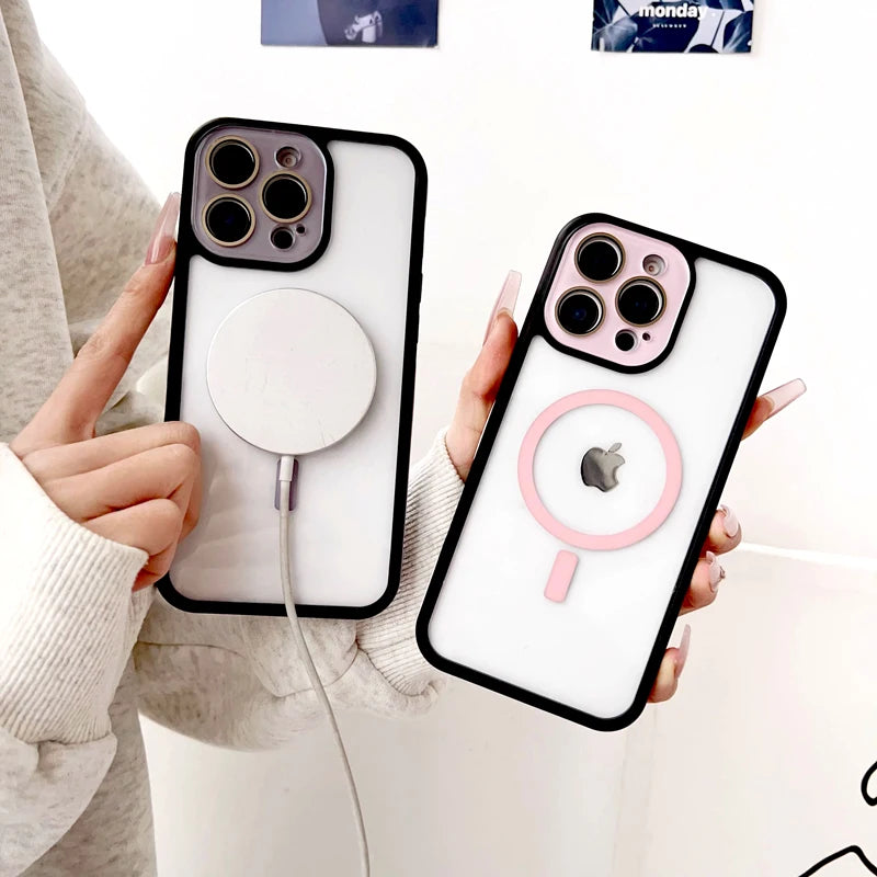 جراب شفاف فاخر صلب لهاتف iPhone 16 15 14 13 12 11 Pro Max 16Pro 15Pro 14Pro غطاء عدسة الكاميرا Magsafe للشحن اللاسلكي