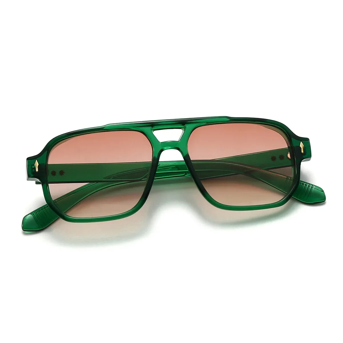 JNPCXI Vintage Double Bridges Men Square Sunglasses Fashion Green Ocean Lens UV400 Eyewear Women Trending Rivets Sun Glasses