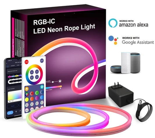 شريط إضاءة LED نيون RGBIC 12 فولت مع مزامنة الموسيقى وتطبيق Tuya الذكي 16 مليون لون DIY يعمل مع Alexa ومساعد Google