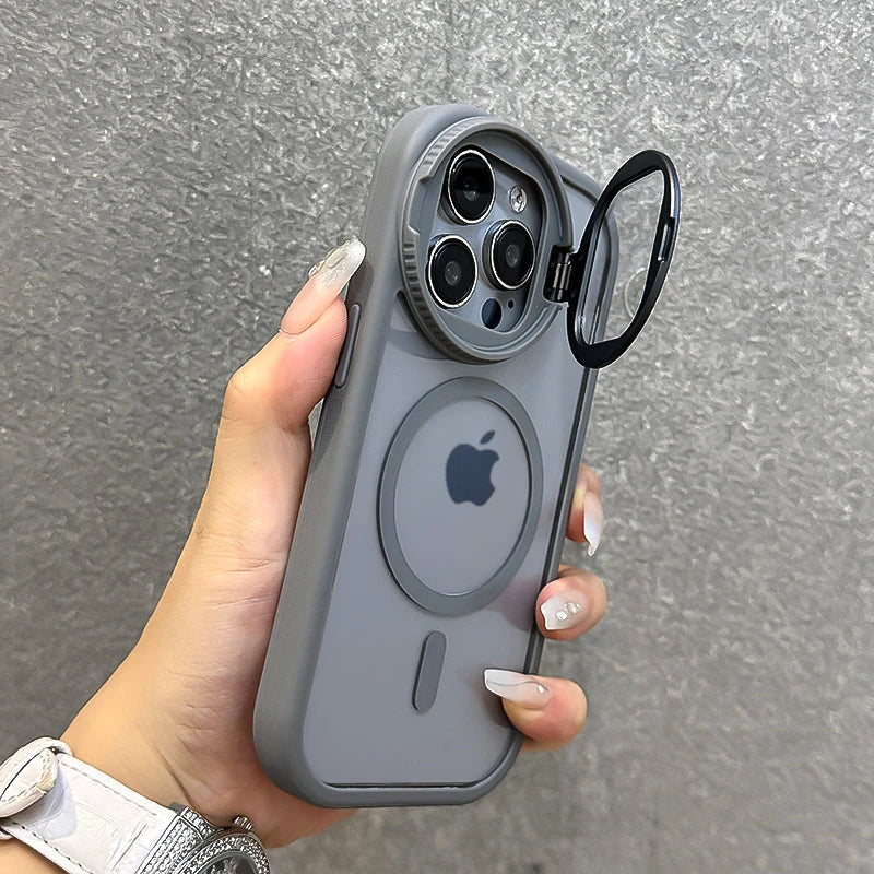 جراب مغناطيسي شفاف مع حامل عدسات زجاجي قابل للطي لهاتف iPhone 16 15 14 13 12 11 Pro Max مع حزام معصم Magsafe وغطاء مقاوم للصدمات