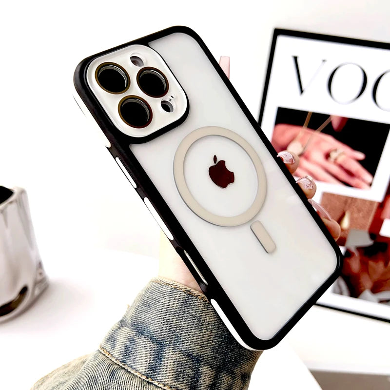 جراب شفاف فاخر صلب لهاتف iPhone 16 15 14 13 12 11 Pro Max 16Pro 15Pro 14Pro غطاء عدسة الكاميرا Magsafe للشحن اللاسلكي