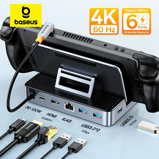 قاعدة توصيل Baseus USB C لجهاز Steam Deck Nintend Switch من النوع C إلى HDMI متوافقة مع 4K@60Hz RJ45 PD 100W Type C USB 3.0 Hub
