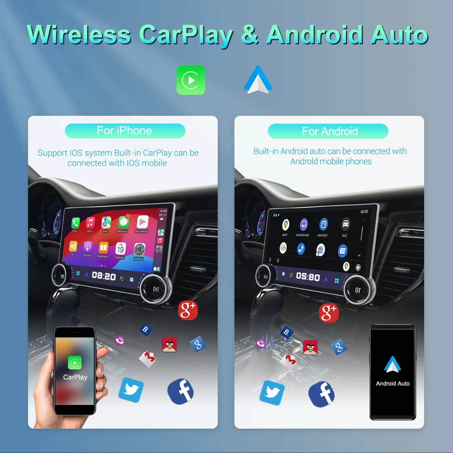 مشغل الوسائط المتعددة للسيارة Podofo 8-core 8+128G Android 2K Touch Screen GPS Navigation مع CarPlay لاسلكي/مشغل عالمي تلقائي 