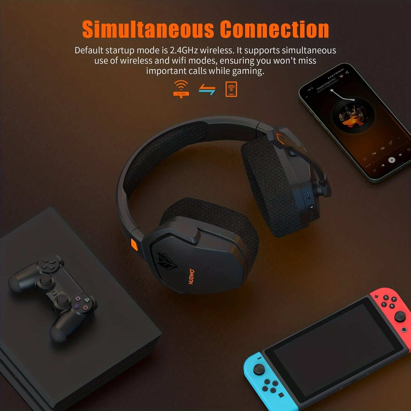 سماعة ألعاب NUBWO G06 لـ PS5 و PS4 و XBOX و PC و Mac، سماعات رأس بلوتوث بتردد 2.4 جيجا هرتز مع ميكروفون وخاصية إلغاء الضوضاء منخفضة الكمون للغاية 