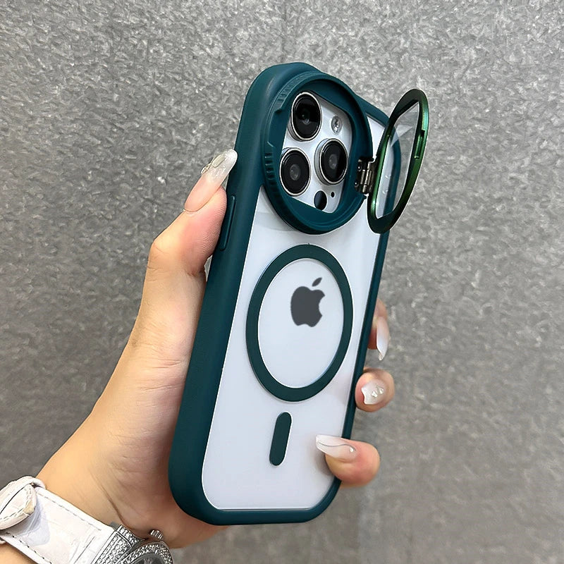 جراب مغناطيسي شفاف مع حامل عدسات زجاجي قابل للطي لهاتف iPhone 16 15 14 13 12 11 Pro Max مع حزام معصم Magsafe وغطاء مقاوم للصدمات