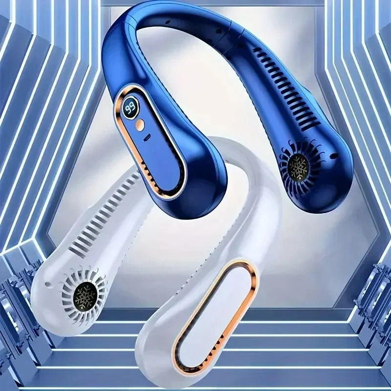مروحة بدون شفرات للرقبة، مروحة صامتة محمولة طويلة العمر، شحن USB، مروحة رياضية للطلاب والمكتب، شاشة رقمية، طاقة 5 سرعات 