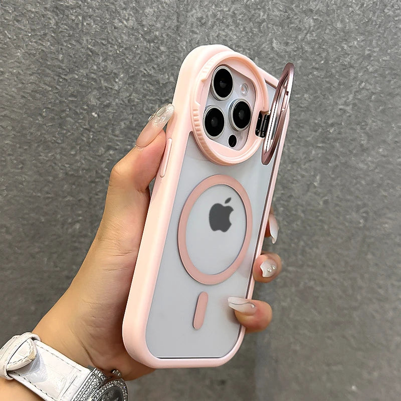 جراب مغناطيسي شفاف مع حامل عدسات زجاجي قابل للطي لهاتف iPhone 16 15 14 13 12 11 Pro Max مع حزام معصم Magsafe وغطاء مقاوم للصدمات