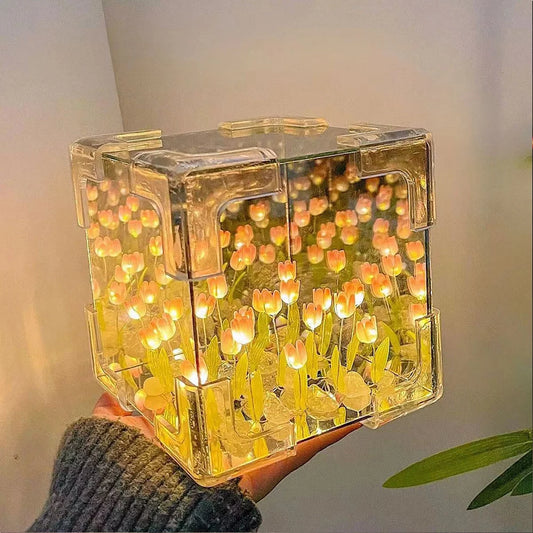 مصباح مرآة مكعب من زهرة التوليب DIY، مصباح طاولة للنوم على شكل زهرة التوليب، مصباح ليلي صغير مصنوع يدويًا، عبوة هدايا