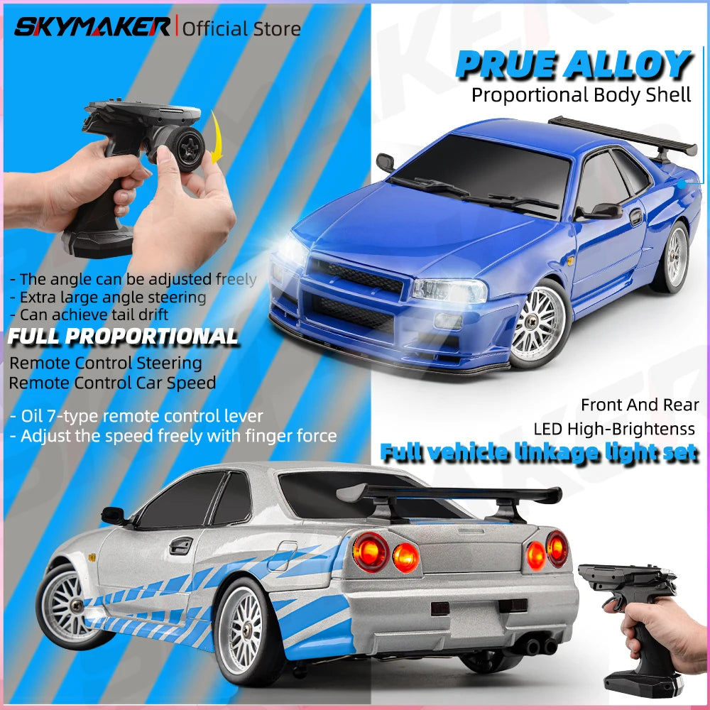 سيارة سباق Skymaker LD1899 1/18 RC Drifting Car GTR R34 2.4GHz RWD مع جيروسكوب على الطريق وهيكل من سبائك معدنية وسيارة سباق تعمل بالتحكم عن بعد هدايا 