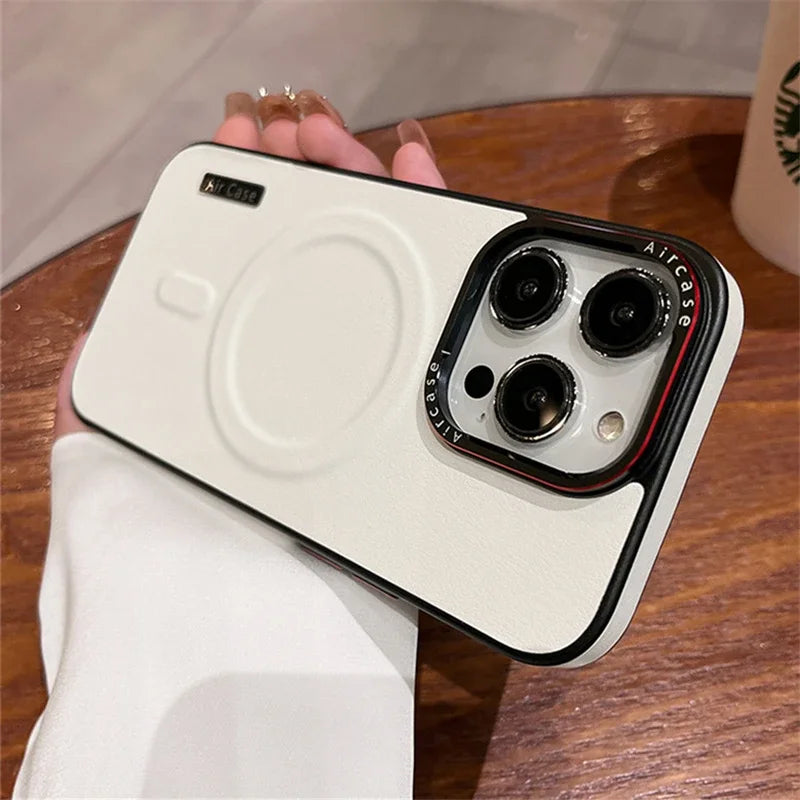 جراب هاتف مغناطيسي فاخر من الجلد غير اللامع لهاتف iPhone 16 15 Pro Max 14 13 12 مع شحن لاسلكي وغطاء مقاوم للصدمات