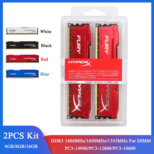 مجموعة ذاكرة DDR3 بسعة 8 جيجابايت (2x4 جيجابايت) و16 جيجابايت (2x8 جيجابايت) وتردد 1866 ميجاهرتز و1600 ميجاهرتز و1333 ميجاهرتز وذاكرة سطح المكتب 240 دبوسًا و1.5 فولت DIMM PC3-12800 14900 HyperX Fury 
