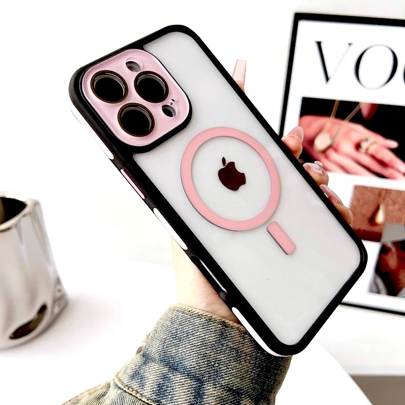 جراب شفاف فاخر صلب لهاتف iPhone 16 15 14 13 12 11 Pro Max 16Pro 15Pro 14Pro غطاء عدسة الكاميرا Magsafe للشحن اللاسلكي