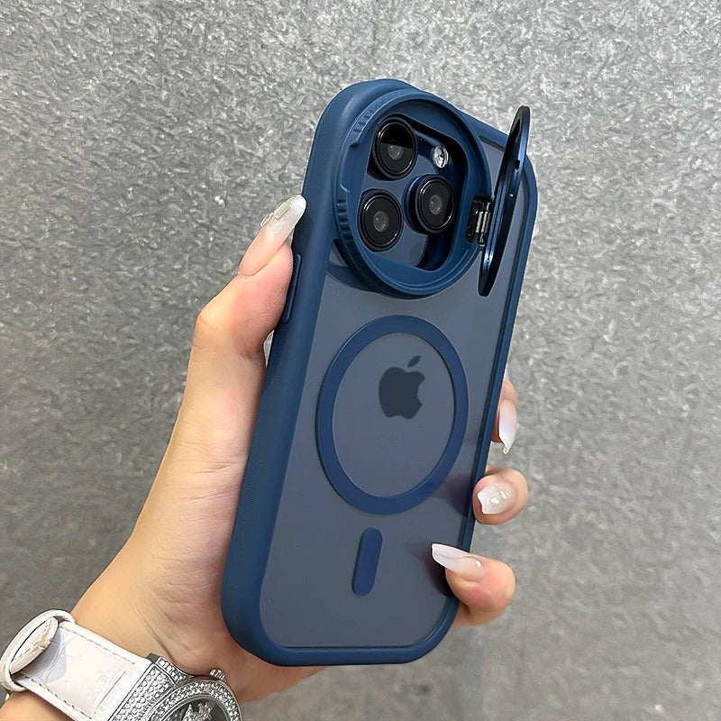 جراب مغناطيسي شفاف مع حامل عدسات زجاجي قابل للطي لهاتف iPhone 16 15 14 13 12 11 Pro Max مع حزام معصم Magsafe وغطاء مقاوم للصدمات