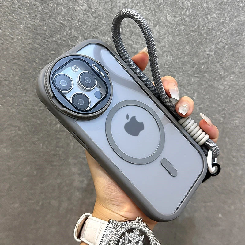 جراب مغناطيسي شفاف مع حامل عدسات زجاجي قابل للطي لهاتف iPhone 16 15 14 13 12 11 Pro Max مع حزام معصم Magsafe وغطاء مقاوم للصدمات