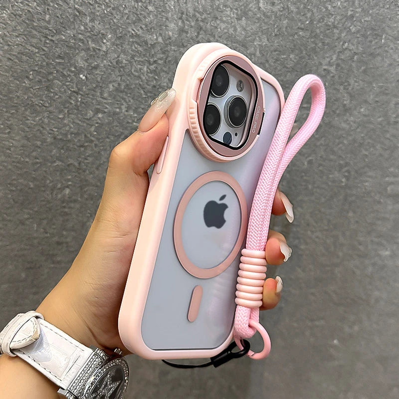 جراب مغناطيسي شفاف مع حامل عدسات زجاجي قابل للطي لهاتف iPhone 16 15 14 13 12 11 Pro Max مع حزام معصم Magsafe وغطاء مقاوم للصدمات