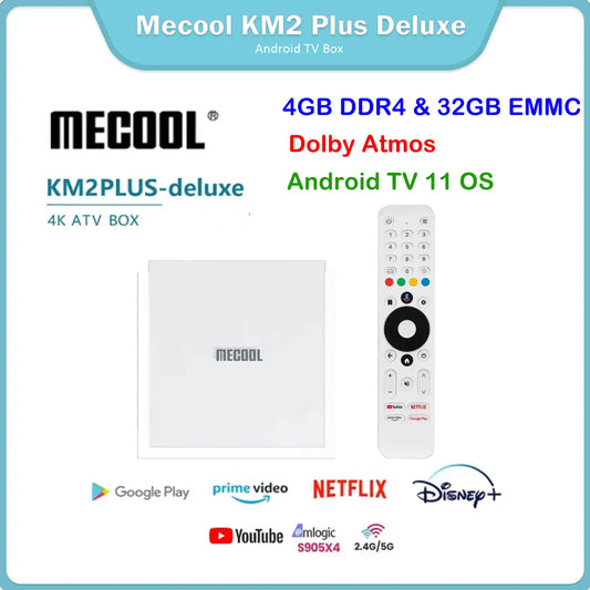 أحدث جهاز Mecool KM2 Plus Deluxe لعام 2025، ذاكرة وصول عشوائي DDR4 سعة 4 جيجابايت وذاكرة تخزين داخلية 32 جيجابايت، يعمل بنظام Android 11، معتمد من Google، Netflix بدقة 4K ATV BOX، WiFi 6، صوت Dolby Atmos TV BOX