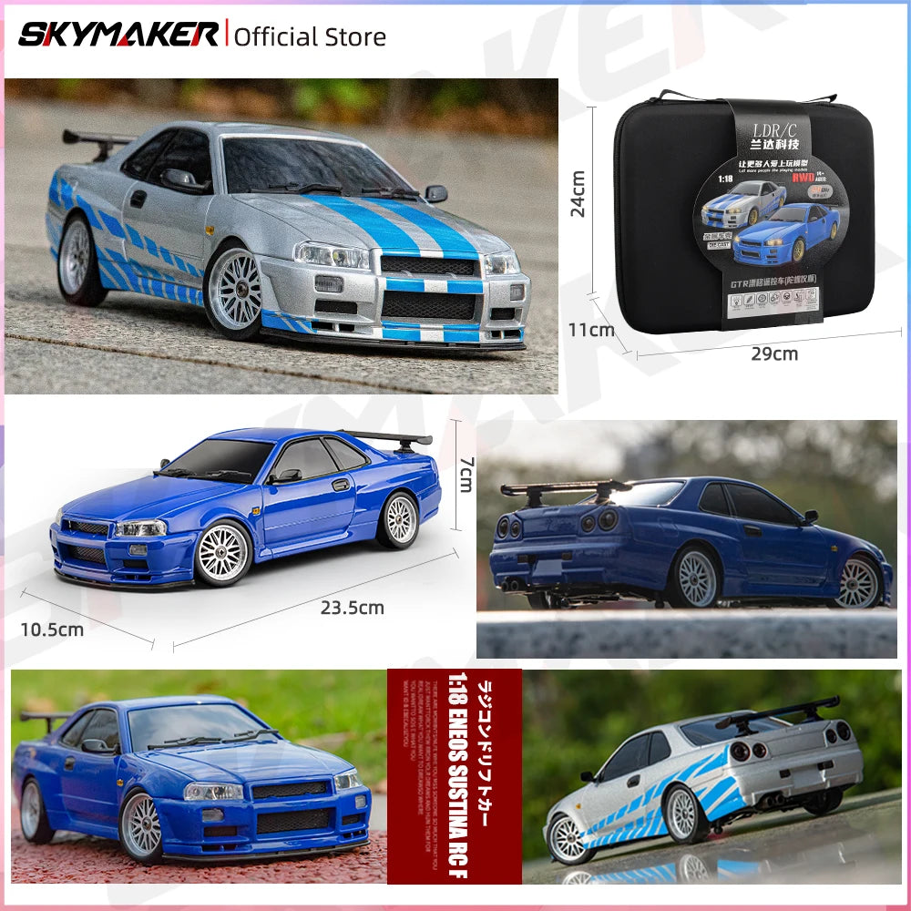 سيارة سباق Skymaker LD1899 1/18 RC Drifting Car GTR R34 2.4GHz RWD مع جيروسكوب على الطريق وهيكل من سبائك معدنية وسيارة سباق تعمل بالتحكم عن بعد هدايا 