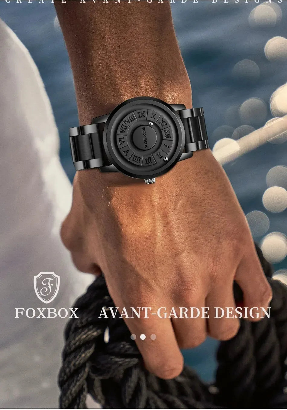 ساعة FOXBOX للرجال بتصميم أنيق وبسيط ومقاوم للماء مع مؤشر مغناطيسي عائم ومحمل كروي إبداعي