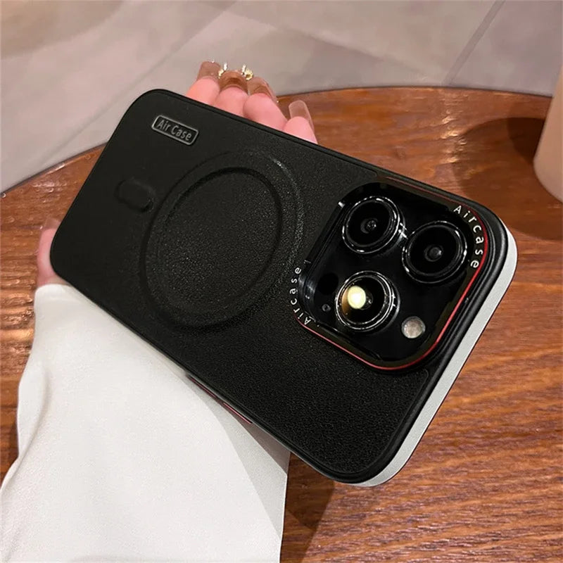جراب هاتف مغناطيسي فاخر من الجلد غير اللامع لهاتف iPhone 16 15 Pro Max 14 13 12 مع شحن لاسلكي وغطاء مقاوم للصدمات