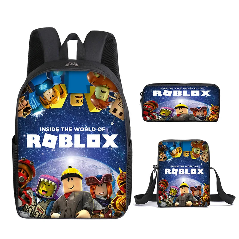 مجموعة من ثلاث قطع من حقيبة مدرسية ثلاثية الأبعاد مطبوعة من لعبة Roblox تحيط بطلاب المدارس الابتدائية والثانوية وحقيبة ظهر وحقيبة قلم 