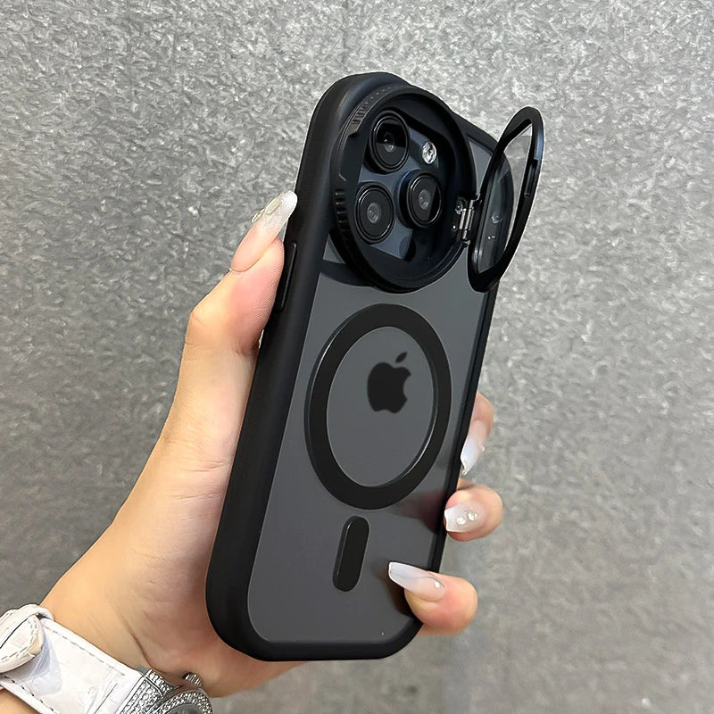 جراب مغناطيسي شفاف مع حامل عدسات زجاجي قابل للطي لهاتف iPhone 16 15 14 13 12 11 Pro Max مع حزام معصم Magsafe وغطاء مقاوم للصدمات