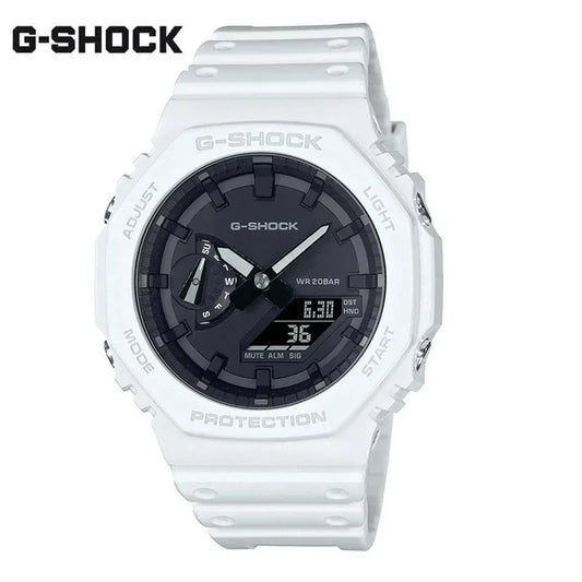 ساعة G-SHOCK للرجال GA2100 إصدار محدود فاخرة مقاومة للماء باللون الأبيض والأسود بإضاءة LED متعددة الوظائف 